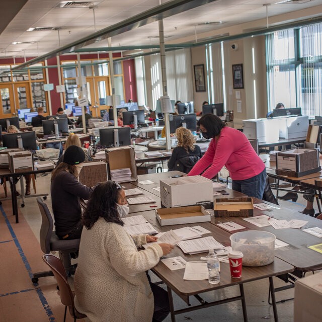 Lực lượng kiểm phiếu sắp xếp các phiếu bầu nhận được qua đường bưu điện