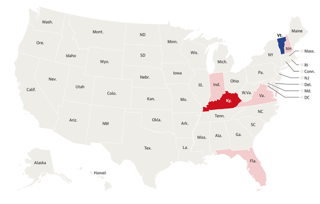 Màu đỏ đại diện cho Đảng cộng hoà với ứng cử viên Donald Trump, màu xanh đại diện cho Đảng Dân chủ với ứng cử viên Joe Biden