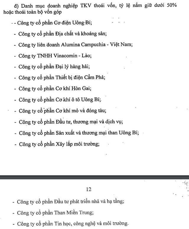 Danh mục TKV thoái vốn để nắm giữ dưới 50% hoặc không nắm giữ Danh mục TKV thoái vốn để nắm giữ dưới 50% hoặc không nắm giữ