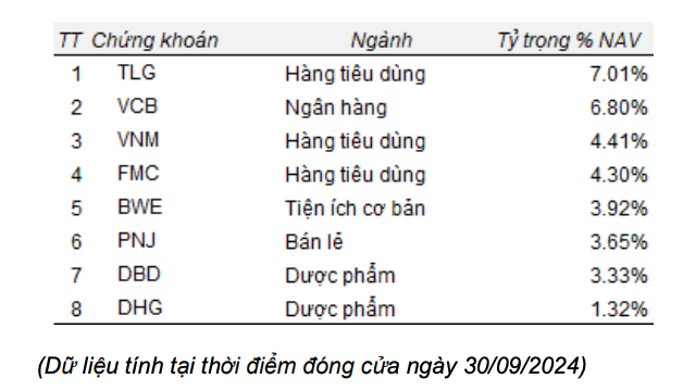 Danh mục cổ phiếu của TBLF tính tới cuối tháng 9/2024 Danh mục cổ phiếu của TBLF tính tới cuối tháng 9/2024