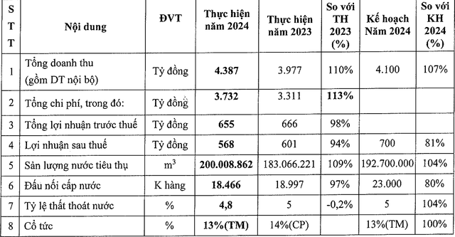 Kết quả kinh doanh năm 2024 của Biwase so với năm 2023 và kế hoạch