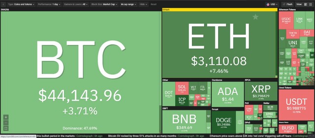 Thị trường tăng trưởng mạnh trong phiên giao dịch ngày 8/8. Nguồn: Coin360.