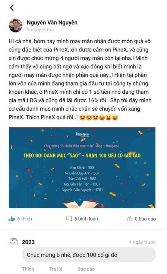 Người dùng PineX hào hứng khi trúng giải.