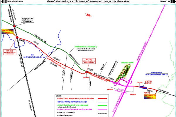 Sơ đồ hướng tuyến Quốc lộ 50 đoạn qua huyện Bình Chánh, TP.HCM.