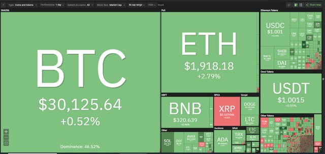 Bitcoin vững vàng trên cột mốc 30.000 USD.