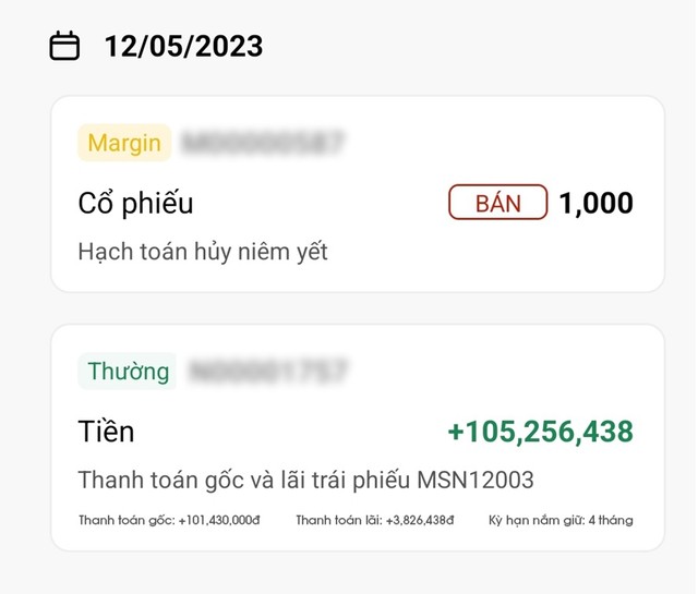 Ảnh chụp màn hình của khách hàng có trái phiếu MSN đáo hạn trong app AlphaTrading của Pinetree. Ảnh chụp màn hình của khách hàng có trái phiếu MSN đáo hạn trong app AlphaTrading của Pinetree.