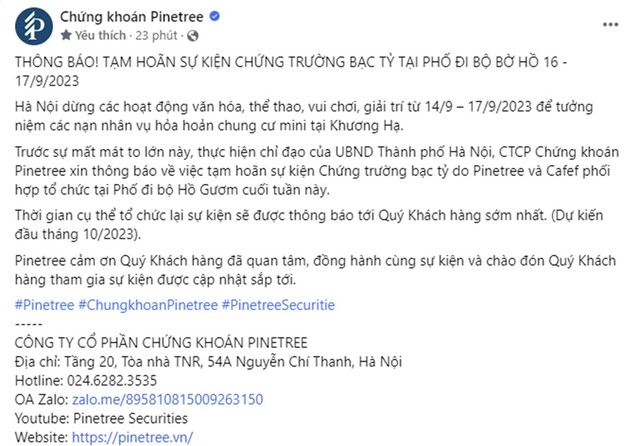 Thông báo từ Fanpage Công ty Chứng khoán Pinetree mới đây. Thông báo từ Fanpage Công ty Chứng khoán Pinetree mới đây.