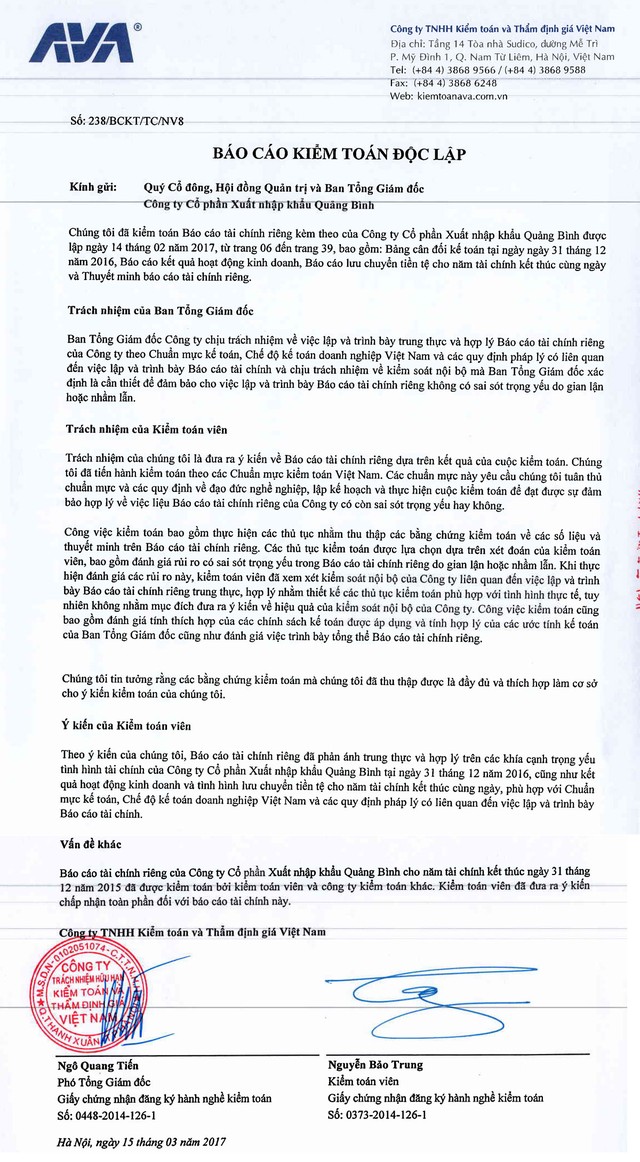 CTCP Xuất nhập khẩu Quảng Bình công bố BCTC năm 2016 kiểm toán ảnh 1