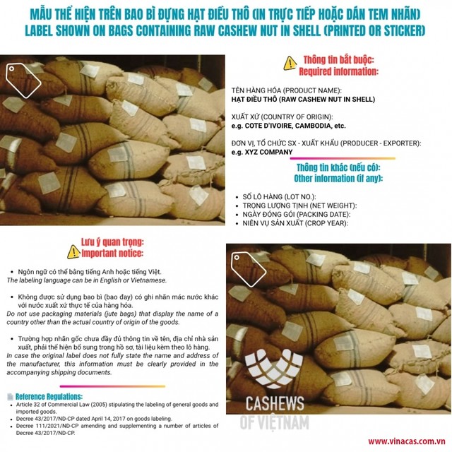 Hướng dẫn quy định về tem nhãn bao bì của Vinacas cho doanh nghiệp nhập khẩu điều thô. Hướng dẫn quy định về tem nhãn bao bì của Vinacas cho doanh nghiệp nhập khẩu điều thô.