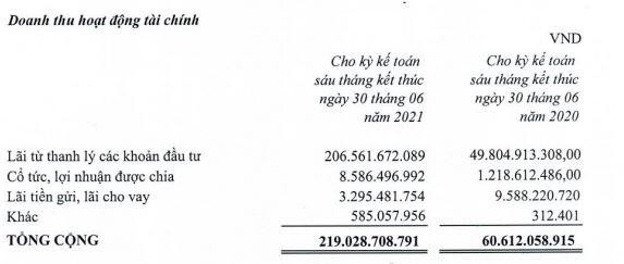 Cơ cấu doanh thu tài chính của TDH trong 6 tháng đầu năm 2021