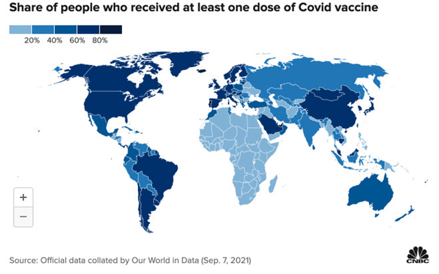 Tỷ trọng các quốc gia đã tiêm chủng cho người dân ít nhất 1 liều vắc xin