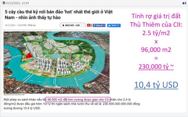 Trên một diễn đàn chứng khoán, nhà đầu tư định giá quỹ đất CII theo giá đấu giá tại Thủ Thiêm lên tới 10,4 tỷ USD. Trên một diễn đàn chứng khoán, nhà đầu tư định giá quỹ đất CII theo giá đấu giá tại Thủ Thiêm lên tới 10,4 tỷ USD.
