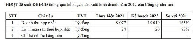 Kế hoạch năm 2022 của CTD.