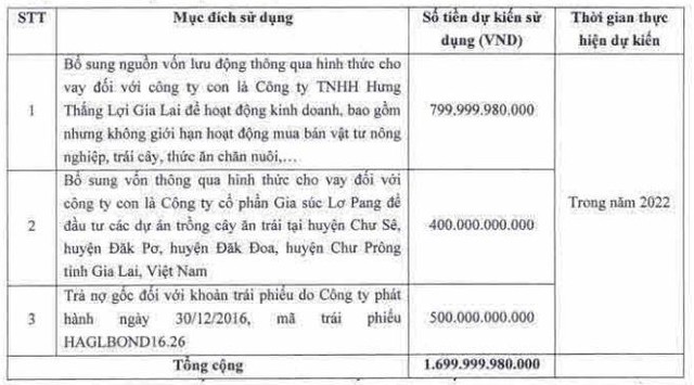 Mục đích huy động vốn thông qua ngày 26/9/2022 (Nguồn: HAG). Mục đích huy động vốn thông qua ngày 26/9/2022 (Nguồn: HAG).