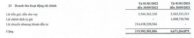 Cơ cấu doanh thu tài chính trong 9 tháng đầu năm 2022
