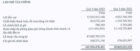 Chi phí tài chính tăng cao trong quý I/2023 do lỗ thoái vốn (Nguồn: Đầu tư Sài Gòn VRG)