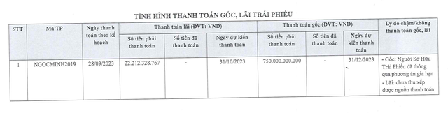 Công ty TNHH Đầu tư và Bất động sản Ngọc Minh chưa trả lãi trái phiếu mã Ngocminh2019