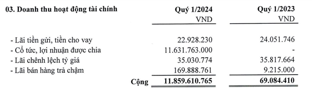 Cơ cấu doanh thu tài chính trong quý I/2024 của Hodeco
