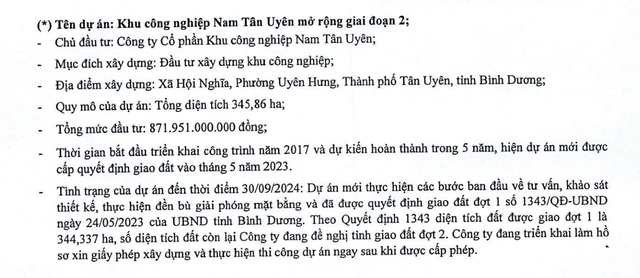 Dự án Nam Tân Uyên mở rộng giai đoạn 2 vẫn chưa khởi công tại thời điểm 30/9/2024