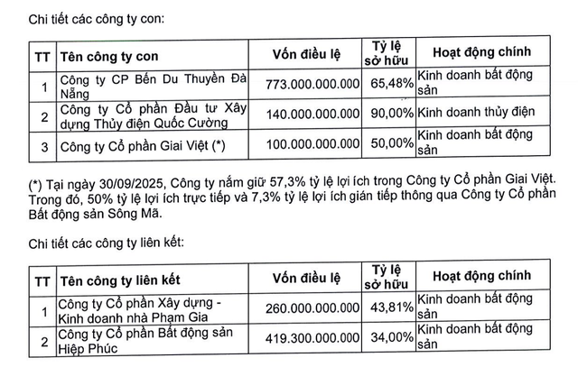 Danh sách công ty con, công ty liên kết của Quốc Cường Gia Lai tại thời điểm 30/9/2025.