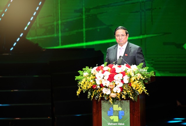 Thủ tướng Chính phủ Phạm Minh Chính phát biểu tại Lễ công bố sản phẩm và dịch vụ đạt Thương hiệu quốc gia Việt Nam lần thứ 9