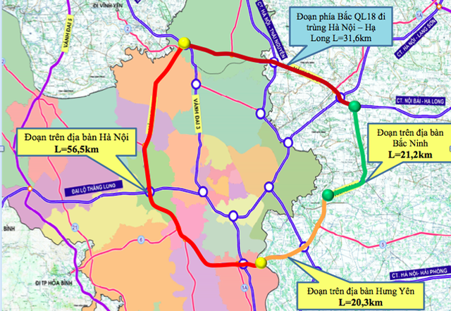 Hướng tuyến đường Vành đai 4 qua địa bàn 3 địa phương (Hà Nội, Bắc Ninh, Hưng Yên) (Nguồn UBND TP Hà Nội) Hướng tuyến đường Vành đai 4 qua địa bàn 3 địa phương (Hà Nội, Bắc Ninh, Hưng Yên) (Nguồn UBND TP Hà Nội)