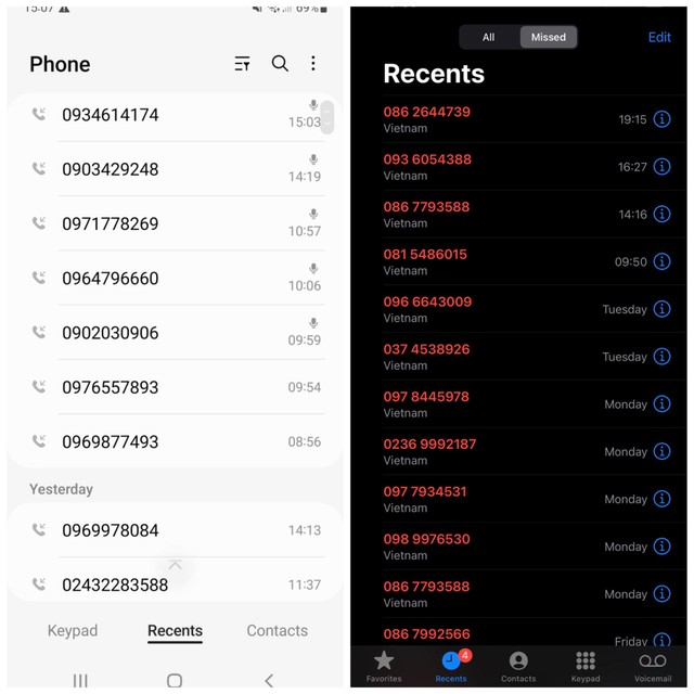 Những số điện thoại quấy rối anh Hưng gần đây (Ảnh: NVCC)