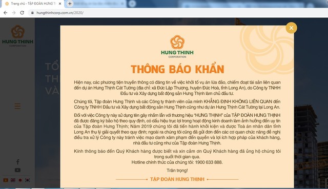 Thông báo khẳng định thông tin được Tập đoàn Hưng Thịnh đăng tải trên Website chính thức của công ty