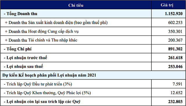 Một số chỉ tiêu kinh doanh năm 2021 của điện Gia Lai (Đvt: triệu đồng).