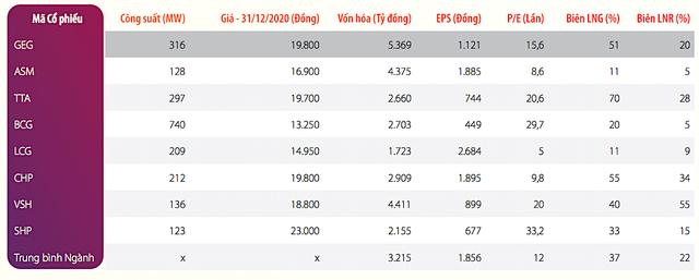 GEG và các công ty năng lượng cùng ngành điển hình trên sàn HOSE (Nguồn: BCTN GEG).