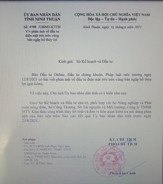 UBND tỉnh Ninh Thuận chỉ đạo kiểm tra phản ánh của Báo Đầu tư về các dự án điện năng lượng mặt trời trong vùng bán ngập hồ thủy lợi. Ảnh: Nhiệt Băng chụp lại UBND tỉnh Ninh Thuận chỉ đạo kiểm tra phản ánh của Báo Đầu tư về các dự án điện năng lượng mặt trời trong vùng bán ngập hồ thủy lợi. Ảnh: Nhiệt Băng chụp lại