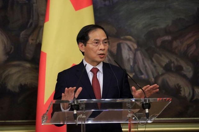 Bộ trưởng Bùi Thanh Sơn trả lời tại họp báo sau hội đàm (Ảnh: BNG)