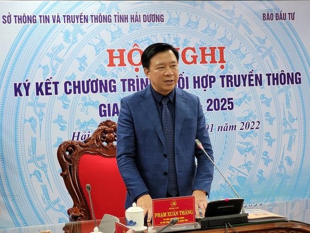 Ông Phạm Xuân Thăng, Bí thư Tỉnh ủy Hải Dương phát biểu cảm ơn Báo Đầu tư và chỉ đạo các đơn vị liên quan của tỉnh trong thực hiện chương trình phối hợp truyền thông. Ảnh: Thanh Sơn Ông Phạm Xuân Thăng, Bí thư Tỉnh ủy Hải Dương phát biểu cảm ơn Báo Đầu tư và chỉ đạo các đơn vị liên quan của tỉnh trong thực hiện chương trình phối hợp truyền thông. Ảnh: Thanh Sơn