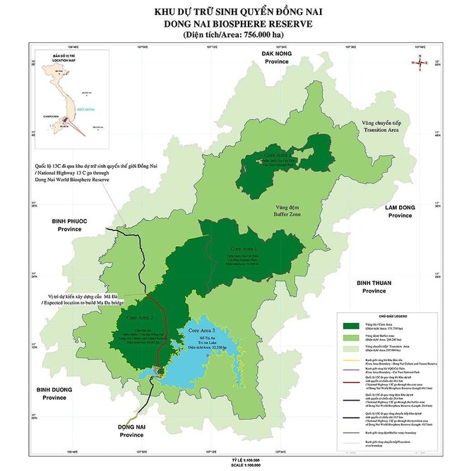 Bản đồ dự kiến đường tới cầu Mã Đã (vạch đỏ, 40 km) sẽ xuyên qua vùng lõi rừng của Khu Bảo tồn thiên nhiên - Văn hóa Đồng Nai Bản đồ dự kiến đường tới cầu Mã Đã (vạch đỏ, 40 km) sẽ xuyên qua vùng lõi rừng của Khu Bảo tồn thiên nhiên - Văn hóa Đồng Nai