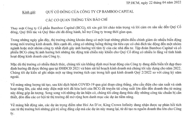 Thông cáo của Chủ tịch Bamboo Capital gửi các cổ đông Thông cáo của Chủ tịch Bamboo Capital gửi các cổ đông