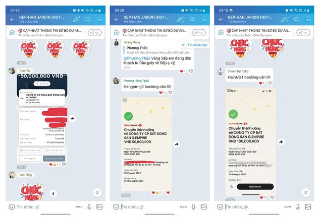 Khách hàng chuyển tiền cọc cho đơn vị phân phối G.Empire. Ảnh: Thành Nguyễn Khách hàng chuyển tiền cọc cho đơn vị phân phối G.Empire. Ảnh: Thành Nguyễn