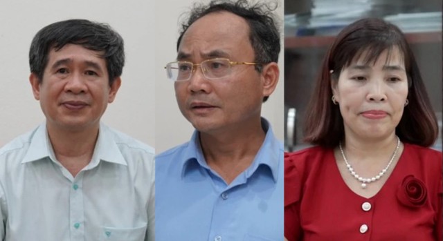 Từ trái qua: Các bị can Trần Văn Thành, Trịnh Ngọc Thủy và Đinh Thị Ngọc Hoa. Từ trái qua: Các bị can Trần Văn Thành, Trịnh Ngọc Thủy và Đinh Thị Ngọc Hoa.