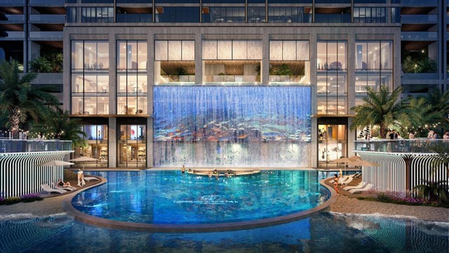 Tổ hợp giải trí mặt đất kéo dài 0,5 km tại dự án với điểm nhấn quảng trường trung tâm kết hợp cùng màn LED 3D &amp; hiệu ứng thác nước đổ ấn tượng.