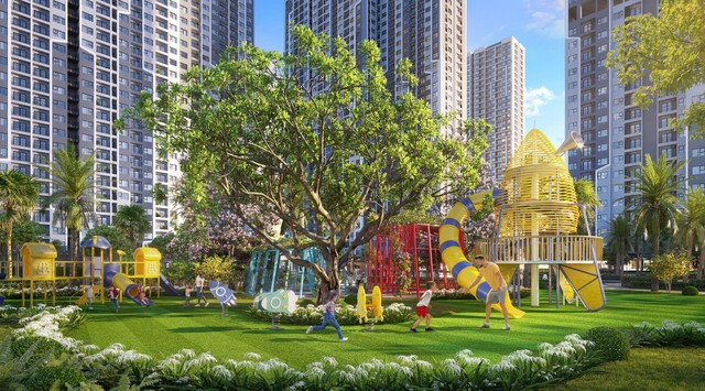 Khu vui chơi trẻ em trong khuôn viên rợp bóng cây xanh mát Khu vui chơi trẻ em trong khuôn viên rợp bóng cây xanh mát