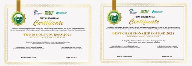 Giấy chứng nhận giải thưởng của sân gôn Legend Danang Golf Resort tại Vietnam Golf & Leisure Awards 2024 Giấy chứng nhận giải thưởng của sân gôn Legend Danang Golf Resort tại Vietnam Golf & Leisure Awards 2024