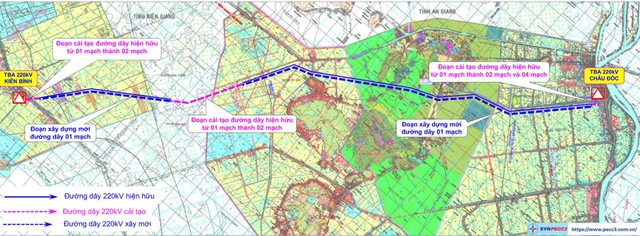 Mặt bằng tuyến dự án “Cải tạo đường dây 220 kV Châu Đốc - Kiên Bình 1 mạch thành 2 mạch”. (Ảnh:EVNNPT) Mặt bằng tuyến dự án “Cải tạo đường dây 220 kV Châu Đốc - Kiên Bình 1 mạch thành 2 mạch”. (Ảnh:EVNNPT)