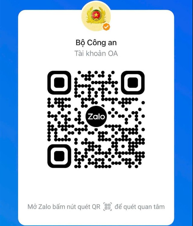 Mã QR truy cập Trang thông tin của Bộ Công an trên nền tảng mạng xã hội Zalo OA. Mã QR truy cập Trang thông tin của Bộ Công an trên nền tảng mạng xã hội Zalo OA.