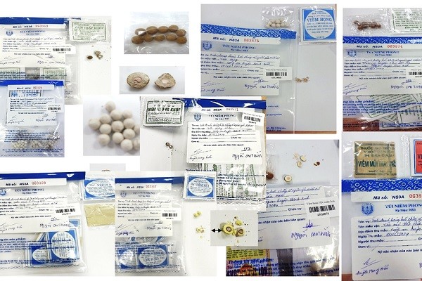 14 mẫu thuốc gia truyền do đơn vị thuộc công an tỉnh Đồng Tháp bắt giữ năm 2024. Trong 14 mẫu, có 13 mẫu bị phát hiện có pha trộn thuốc tân dược, có mẫu trộn từ 2-3 loại tân dược. (Ảnh: Viện Kiểm nghiệm thuốc TP.HCM)