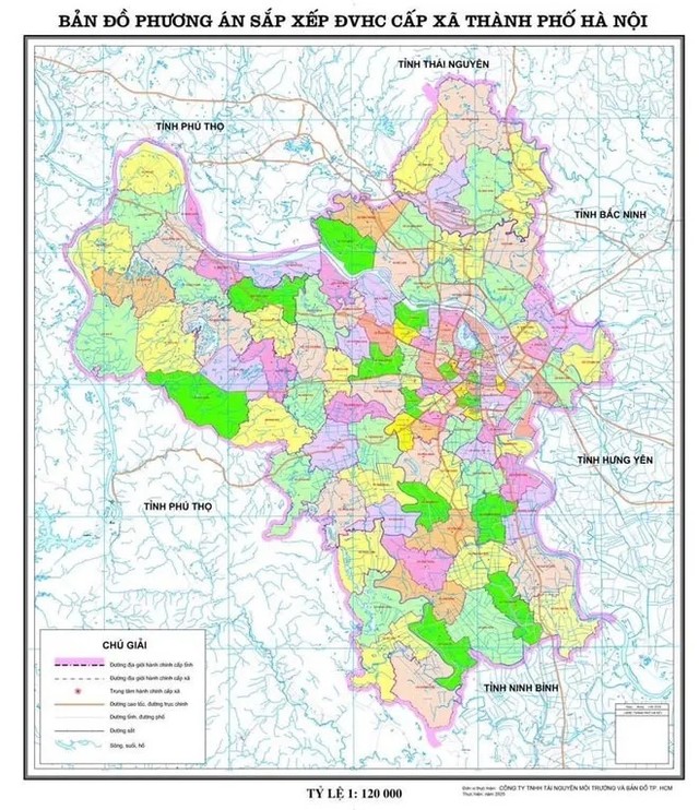 Bản đồ phương án sắp xếp 126 xã, phường mới của thành phố Hà Nội. Ảnh: UBND TP. Hà Nội