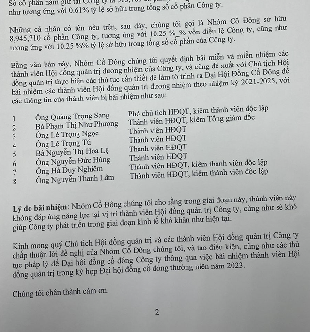 Ảnh chụp màn hình một phần nội dung nhóm cổ đông gửi đến HĐQT CKG