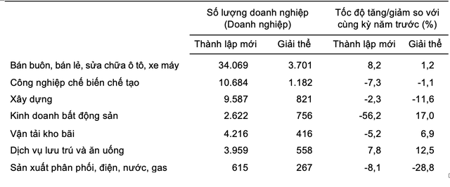 Doanh nghiệp thành lập mới và giải thể 7 tháng năm 2023 phân theo một số lĩnh vực hoạt động.