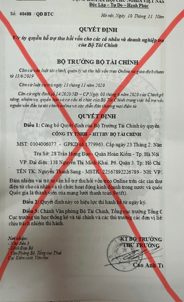 Văn bản giả mạo chữ ký, con dấu của Lãnh đạo Bộ Tài chính. Văn bản giả mạo chữ ký, con dấu của Lãnh đạo Bộ Tài chính.