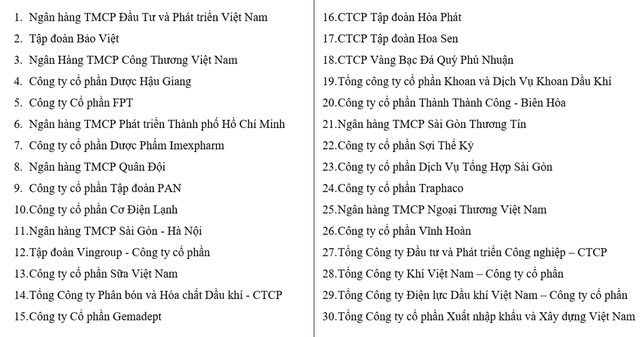 Danh sách 30 công ty niêm yết được vinh danh.