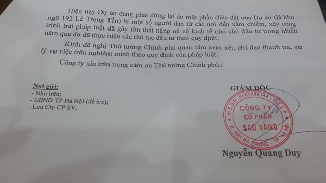 Công ty Sao Vàng đề nghị thanh tra đất đai tại ngõ 192 Lê Trọng Tấn ảnh 1