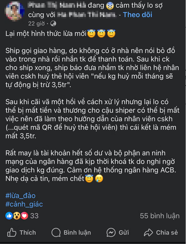 Khách hàng bị dẫn dụ lừa đảo nhưng không mất tiền do hệ thống bảo mật ngân hàng chặn giao dịch tới tài khoản nằm trong danh sách nghi ngờ.